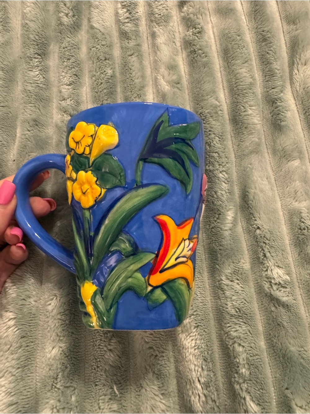 Blue Ceramic Mug with Yellow Floral Relief